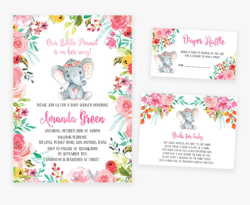 Colorful Floral Elephant Baby Shower Invitation Pack, HD Png Download, Free Download
