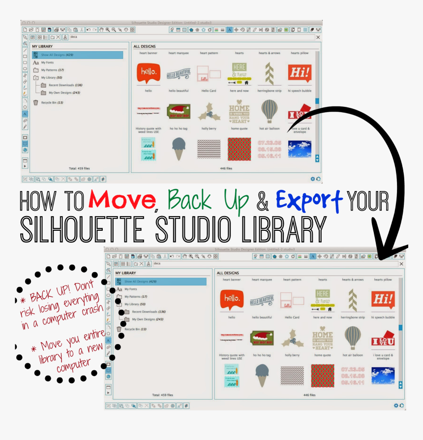 Silhouette Studio, Library, Move, Back Up, Export,, HD Png Download, Free Download