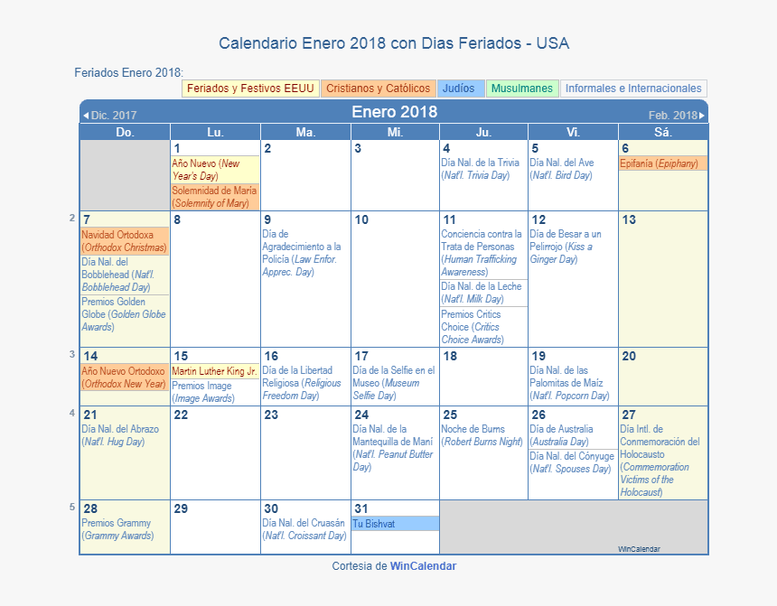 Calendario Estados Unidos Enero 2018 En Formato De, HD Png Download, Free Download