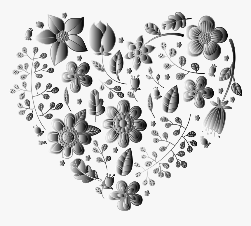 Grayscale Floral Heart No Background Clip Arts, HD Png Download, Free Download