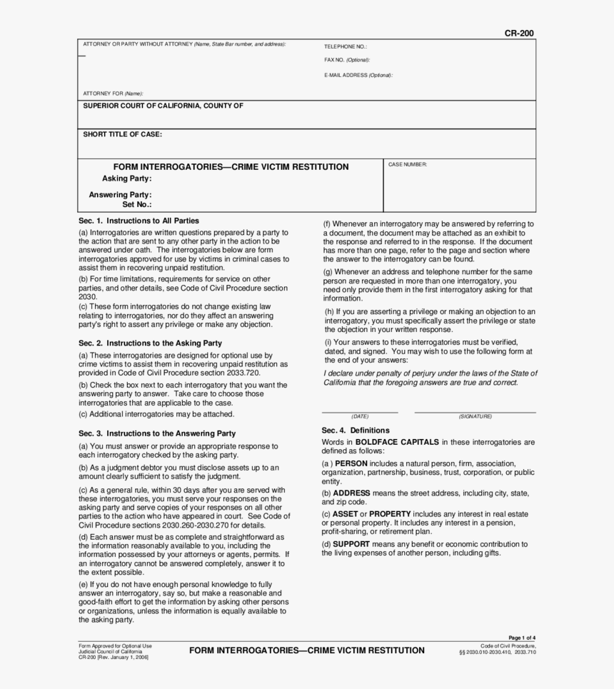 Cr-200 Form Interrogatories, HD Png Download, Free Download