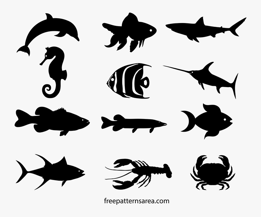 Figure,clip Art,black And White,fish - Ocean Animal Silhouette Printable, HD Png Download, Free Download