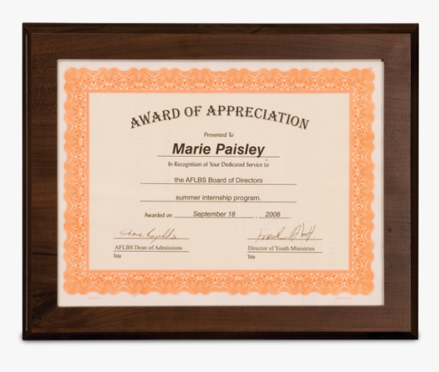 Cherry Finish Plaque With Slide-in Certificate Frame, HD Png Download, Free Download