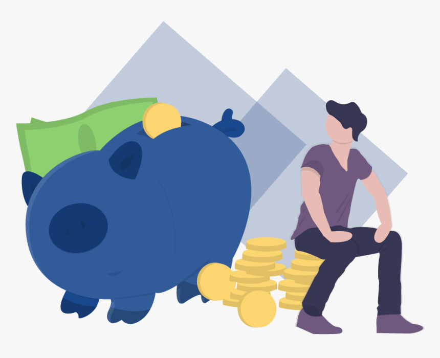 Man Sitting Down And Staring At A Piggy Bank With Money - Making Money Is Learning Vector, HD Png Download, Free Download