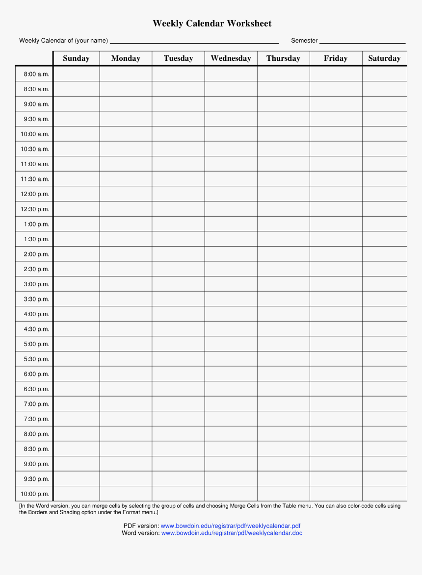 Printable Blank Weekly Calendar Worksheet Main Image - Used Car Receipt Of Sale Template, HD Png Download, Free Download