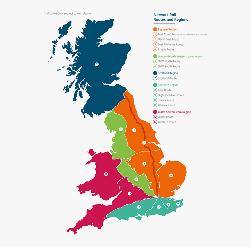 Map Of Network Rail"s Routes And Regions - Network Rail Route Map, HD Png Download, Free Download