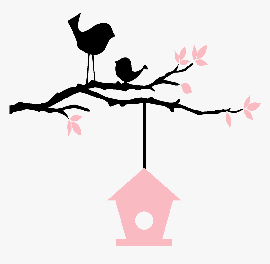 Birds On Branch With Birdhouse - Birds With Birdhouse Silhouette, HD Png Download, Free Download