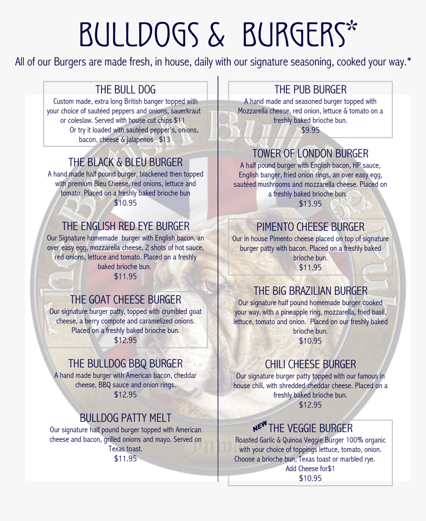 2018 Menu Page - British Bulldog Pub Menu, HD Png Download, Free Download