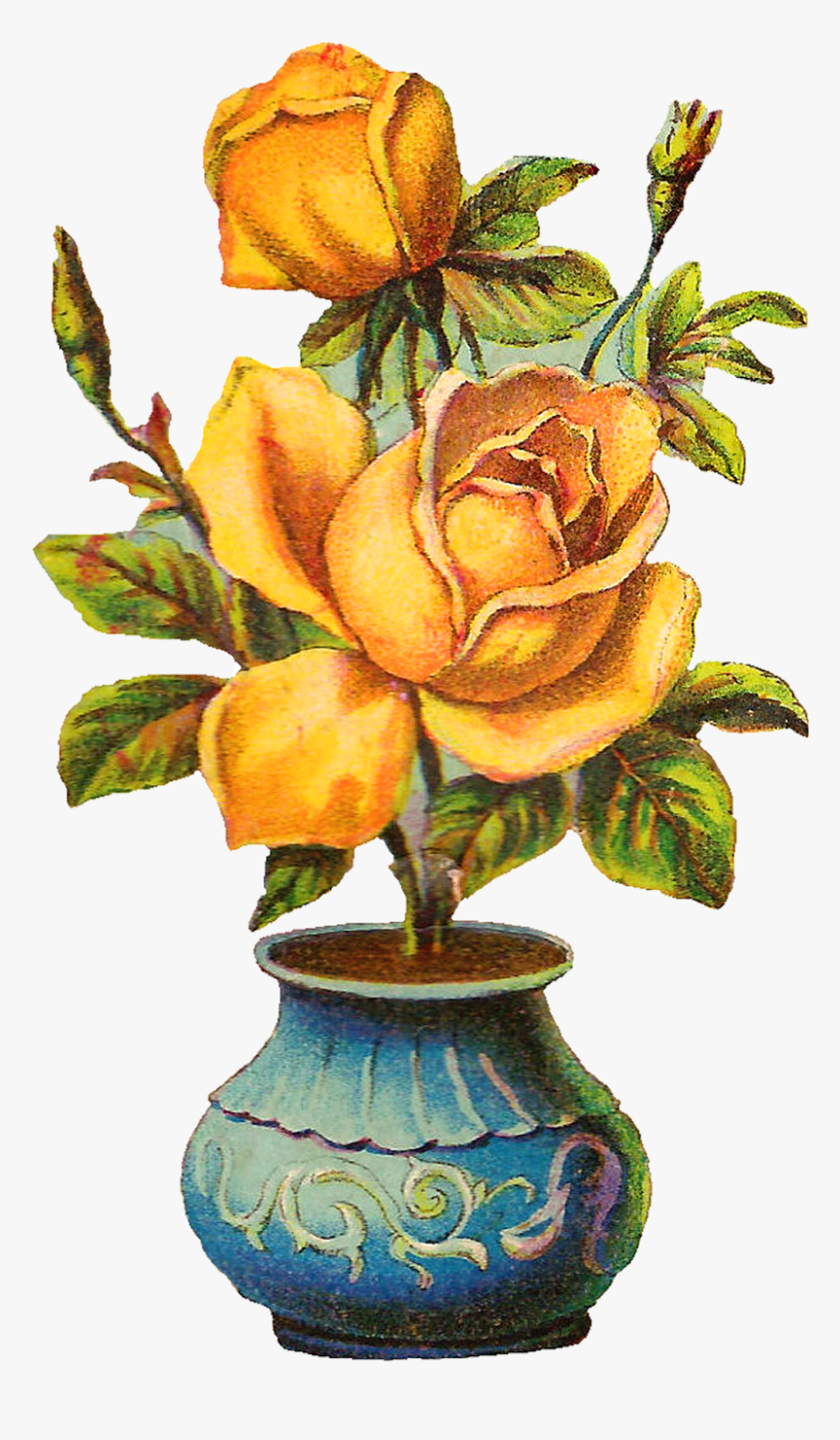 Antique Images Vintage Botanical Yellow Rose Digital - Flower With Pot Png In Hd, Transparent Png, Free Download