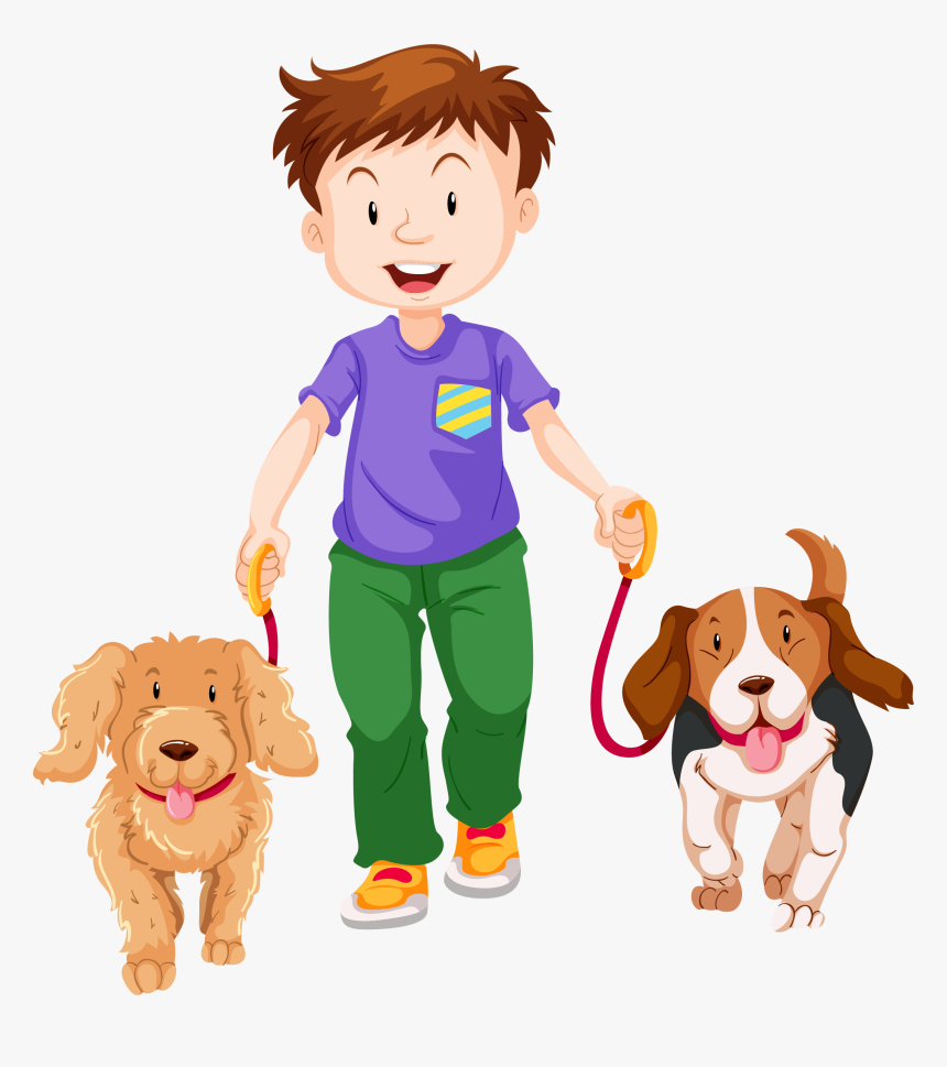 Pet Walking Dog Boy, Cartoon Free Download Image Clipart - Cartoon Boy With 2 Dogs, HD Png Download, Free Download