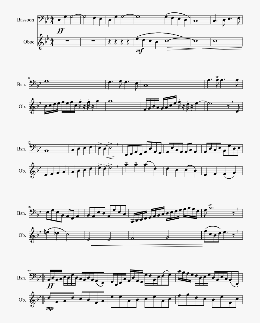 Bassoon And Oboe Duet - Turkish March Sheet Music, HD Png Download, Free Download