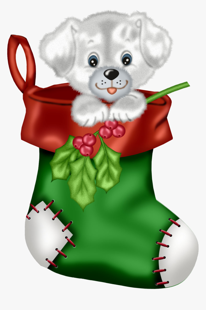 Christmas Green Stocking With Puppy Png Clipart - Cute Christmas Puppy Clipart, Transparent Png, Free Download