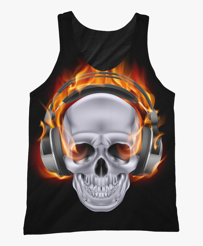 Flaming Skull Cut/sew Tank - Flaming Skull With Headphones, HD Png Download, Free Download