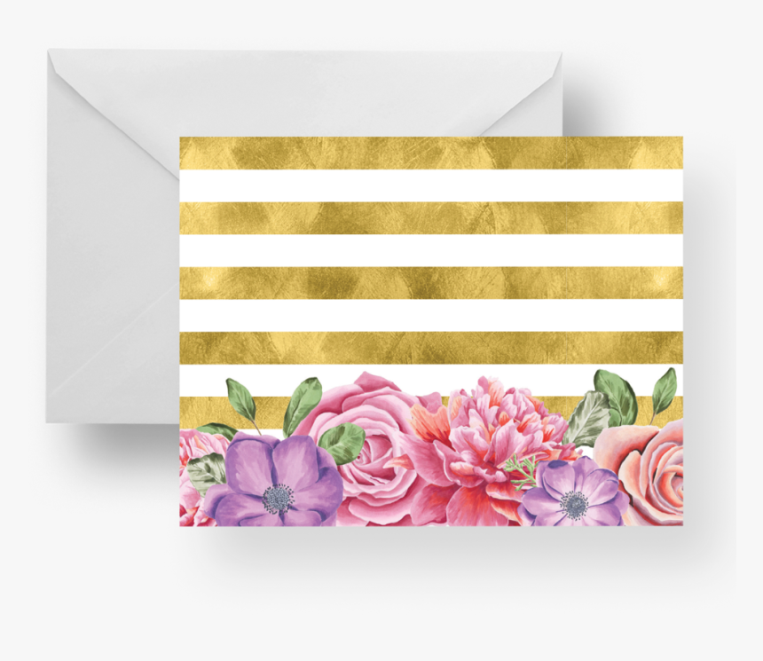 Floral Gold Stripes Note Card Set - Chrysanths, HD Png Download, Free Download