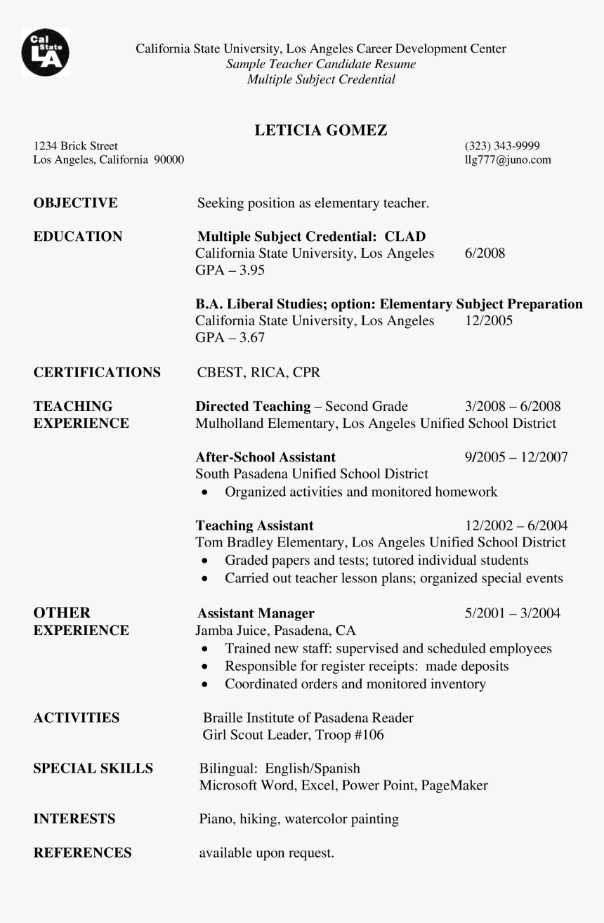 Sample Teacher Candidate Resume Main Image - Substitute Teacher Resume, HD Png Download, Free Download