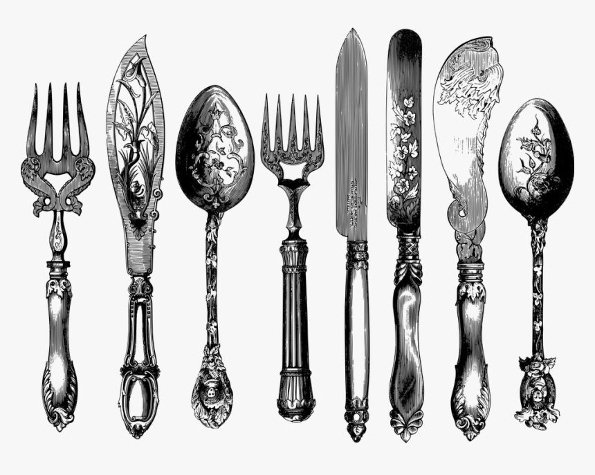 Vintage, Cutlery, Line Art, Spoon, Knife, Fork - Vintage Silverware, HD Png Download, Free Download