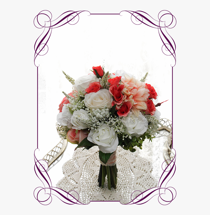 Silk Artificial Wedding Bouquet Ideas - White And Coral Bridesmaid Bouquets, HD Png Download, Free Download
