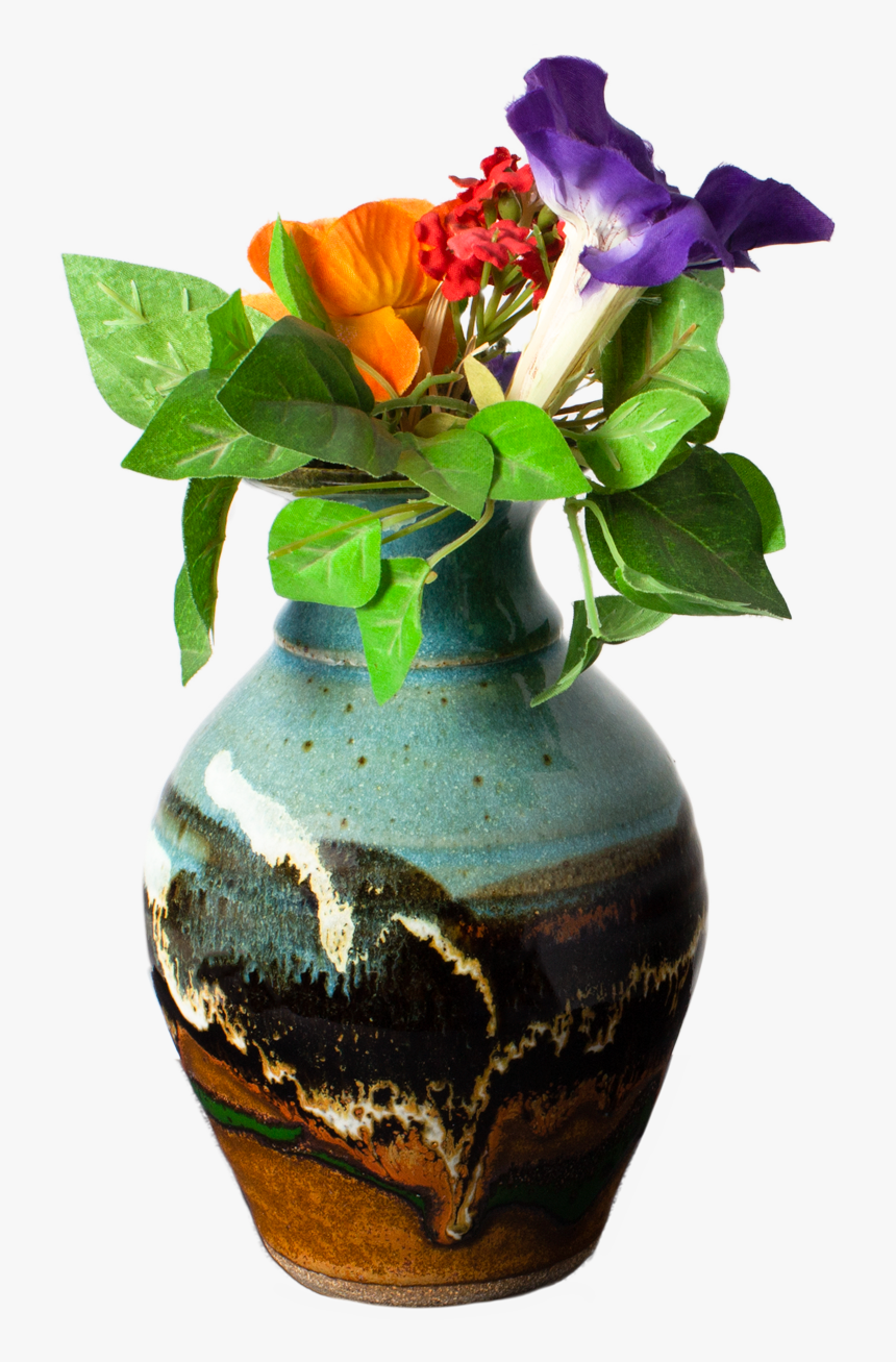 Turquoise-brown Handmade Pottery Flared Vase With Flowers - Vase, HD Png Download, Free Download