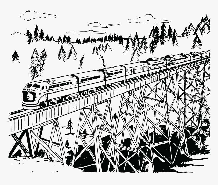 Free Clipart Of A Retro Black And White Train Crossing - Railway Track On A Bridge Drawing, HD Png Download, Free Download