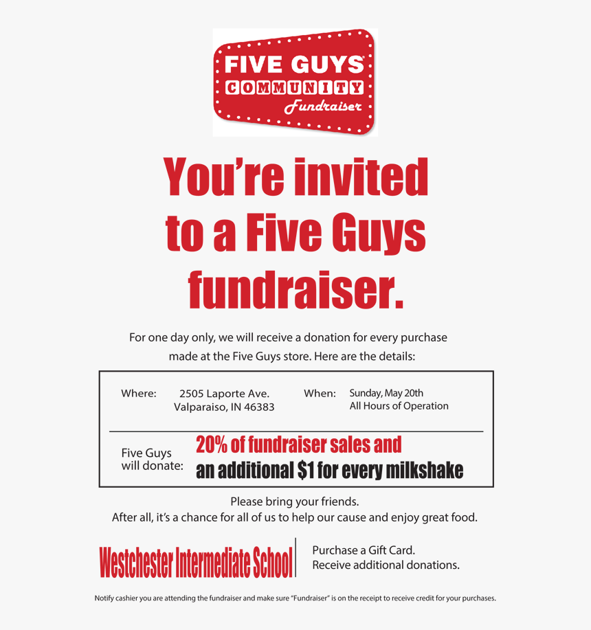 Five Guys Poster , Png Download - Five Guys Community Fundraiser, Transparent Png, Free Download