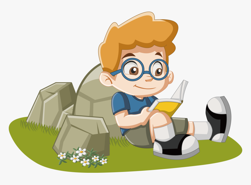 Reading A Book Sitting On The Grass Little Boy Png - Animated Boy Reading And Sitting, Transparent Png, Free Download