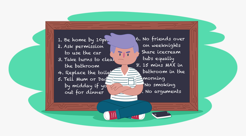 Teen With Crossed Arms Sitting In Front Of Blackboard - Cartoon, HD Png Download, Free Download