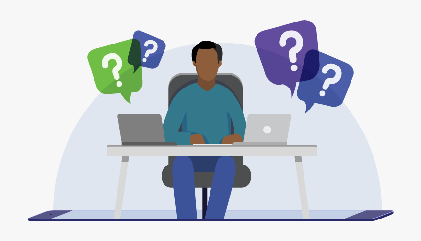 Person Sitting At A Desk With Questions Marks Around - Sitting, HD Png Download, Free Download