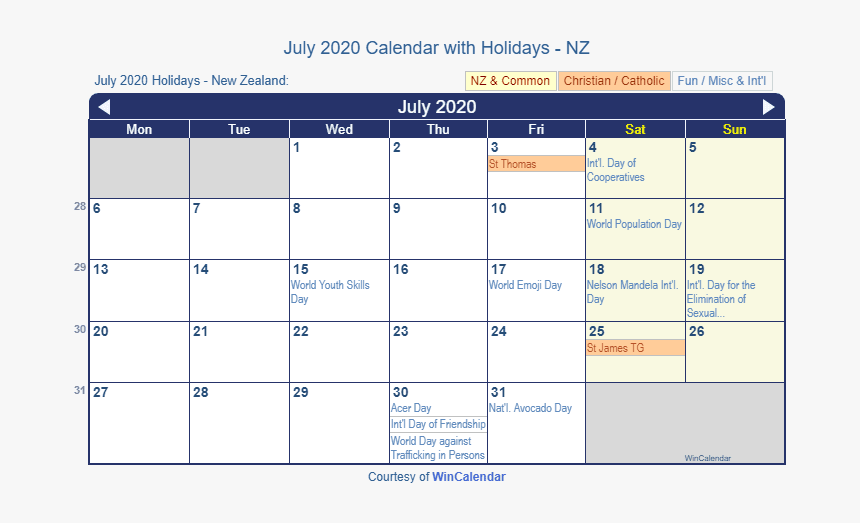 July 2020 Calendar With Nz Holidays - Spanish Holidays In November 2019, HD Png Download, Free Download