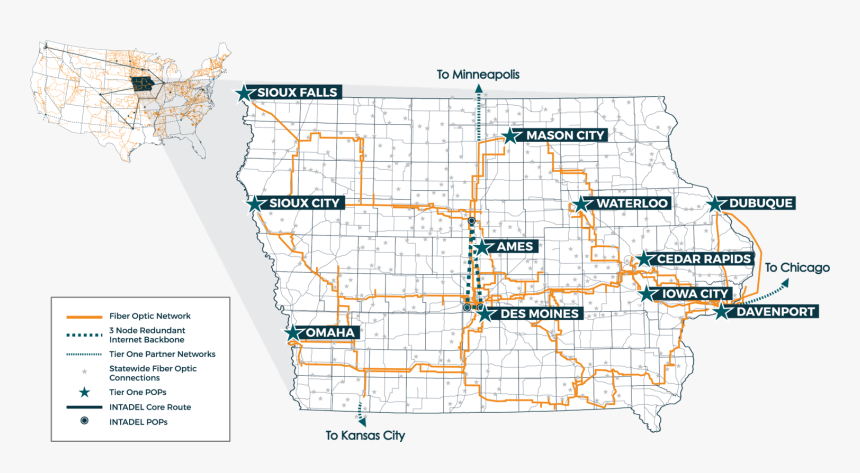 Map Of Aureon Technology Fiber Network - Core Fiber Optics Network, HD Png Download, Free Download