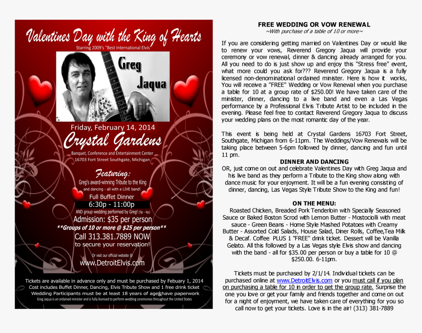 Valentine"s Day With The King Of Hearts ~ Greg Jaqua - Flyer, HD Png Download, Free Download
