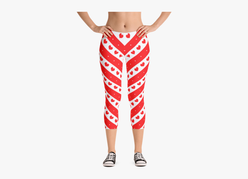 Red And White Stripes With Romantic Hearts Capri Leggings - Pool Leggings For Swimming, HD Png Download, Free Download