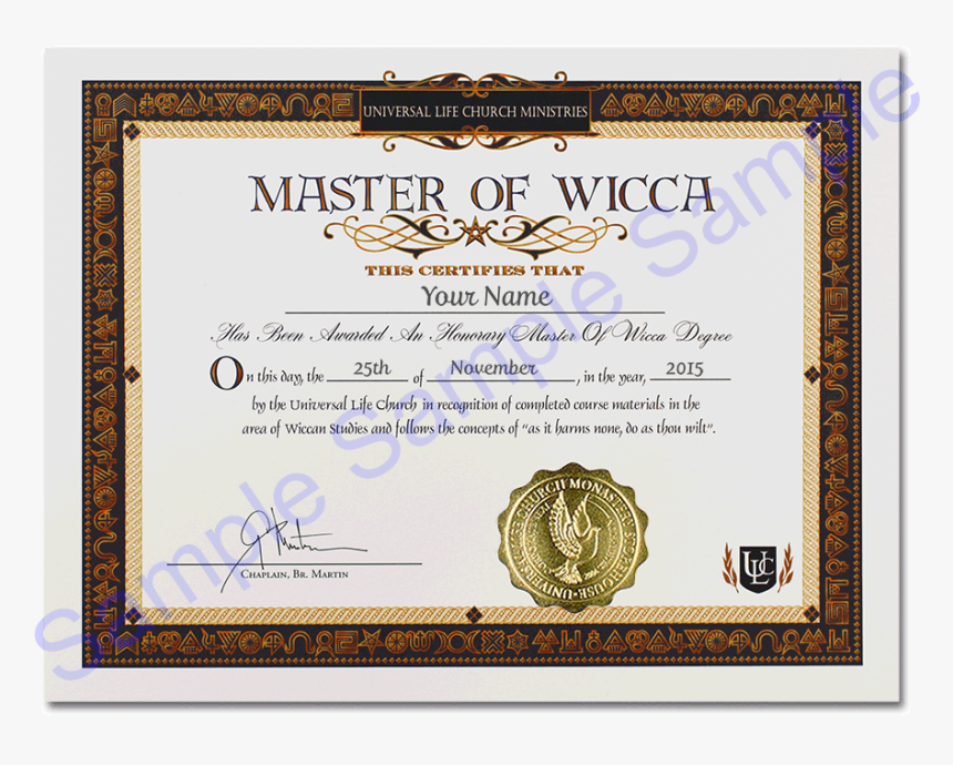 Wiccan Master"s Degree - Universal Life Church Certificates Wicca, HD Png Download, Free Download