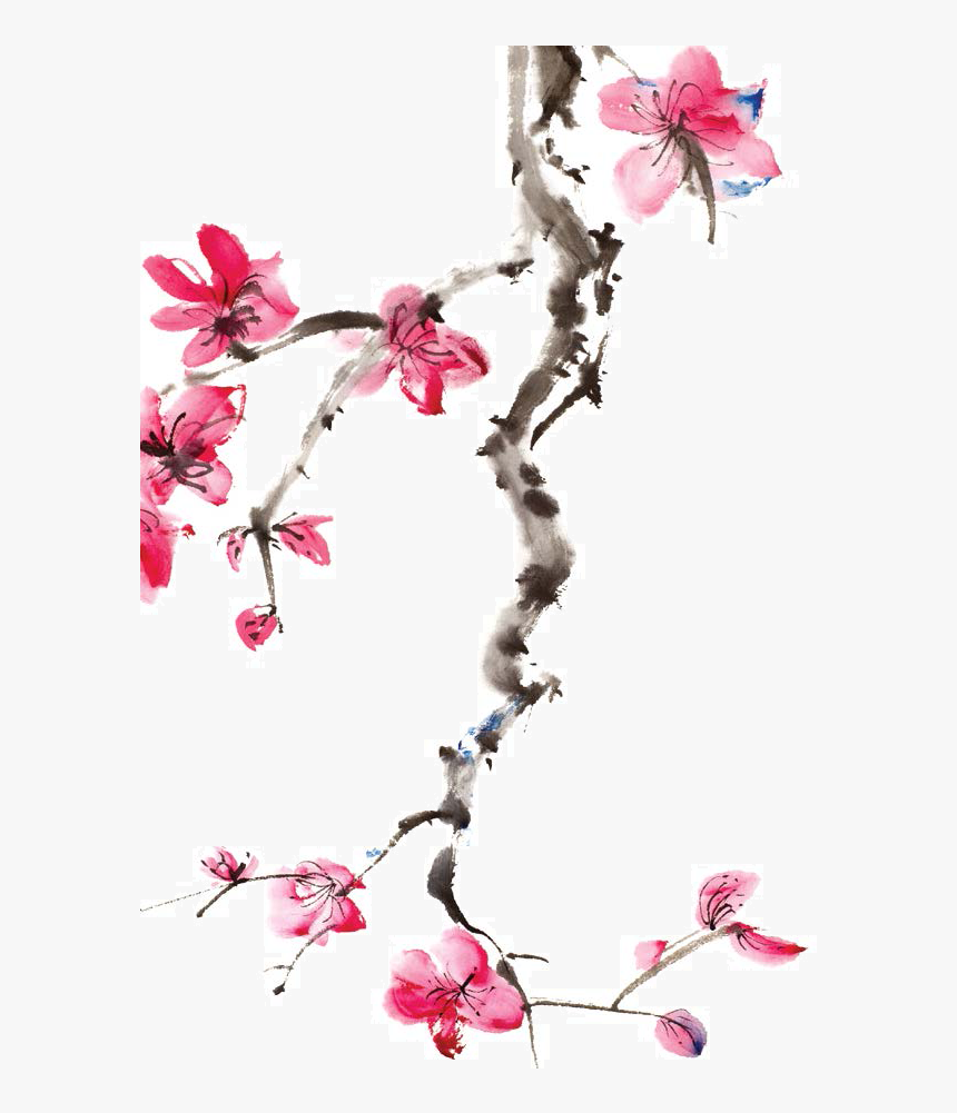 Japan Cherry Blossom Ink Wash Painting - Water Paint Cherry Blossom, HD Png Download, Free Download