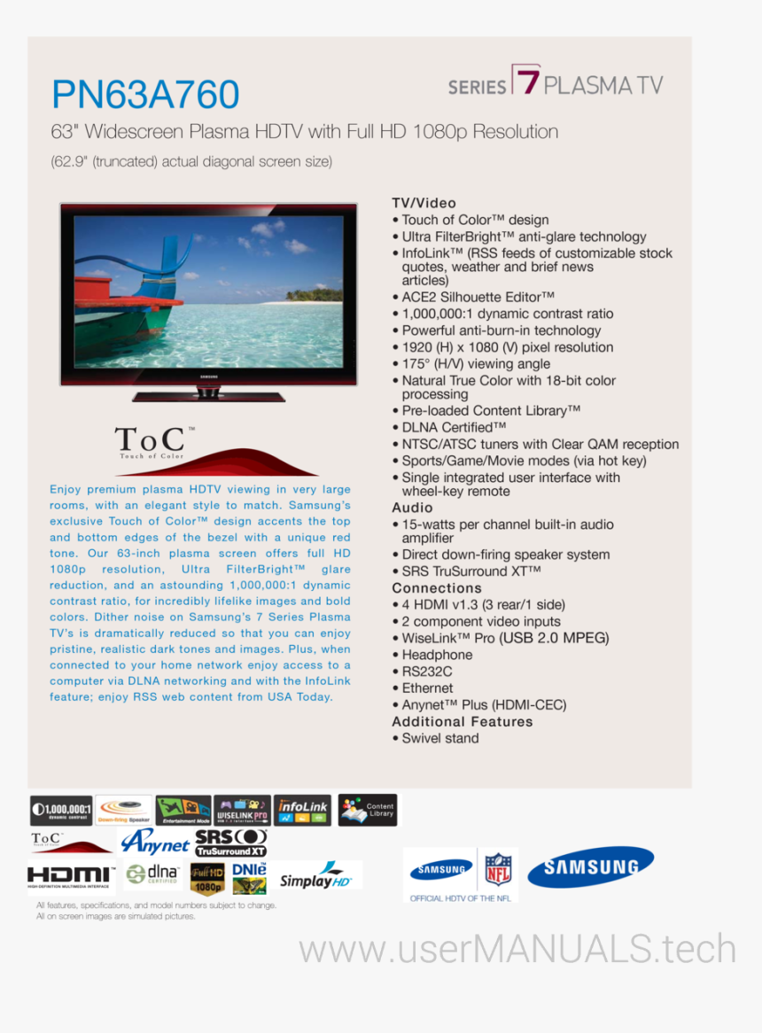 63 Widescreen Plasma Hdtv With Full Hd 1080p Resolution - Samsung Lcd 50 Inch, HD Png Download, Free Download