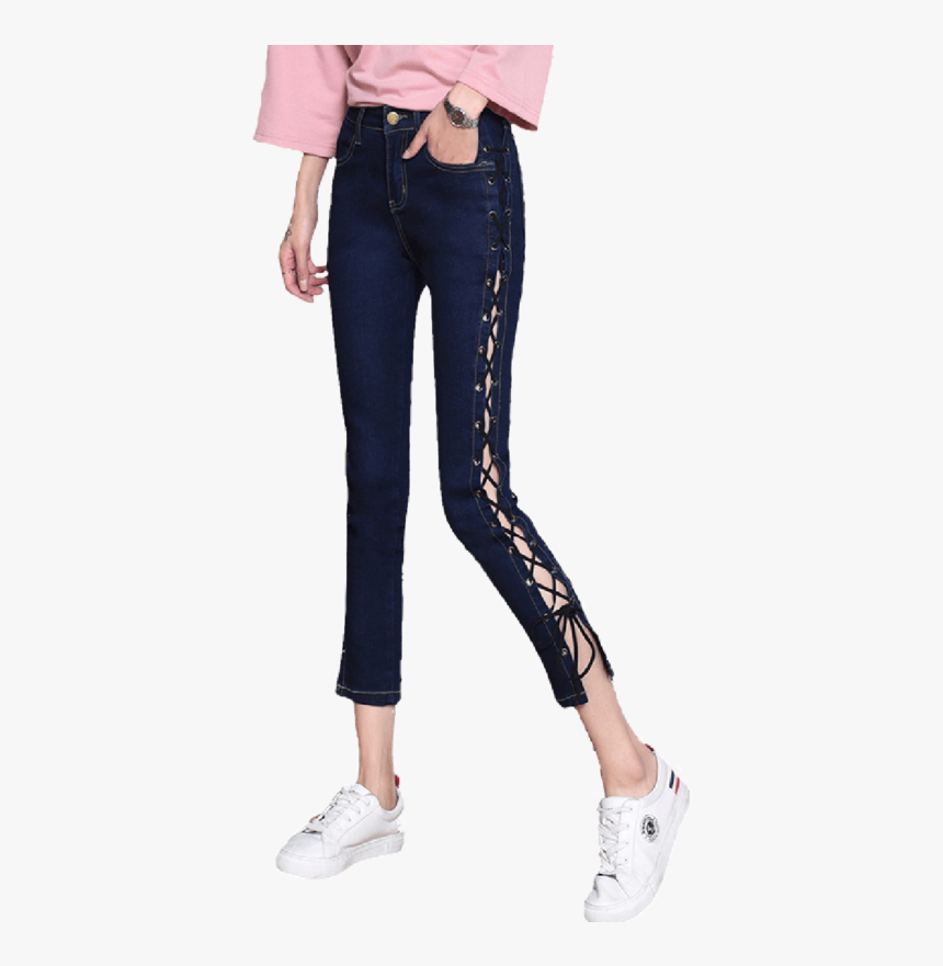 Women"s Jeans Solid Color Bandage Hollow Out Jeans - Girl, HD Png Download, Free Download