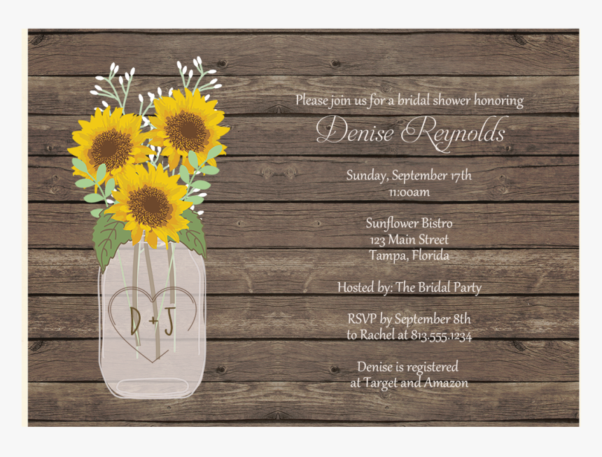 Sunflower Mason Jar Bridal Shower Invitation - Thank You With Sunflower, HD Png Download, Free Download