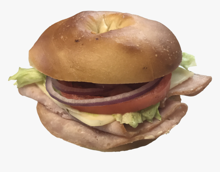 Ham Sandwich On Plain Bagel With Onion, Tomato, Lettuce - Cheeseburger, HD Png Download, Free Download