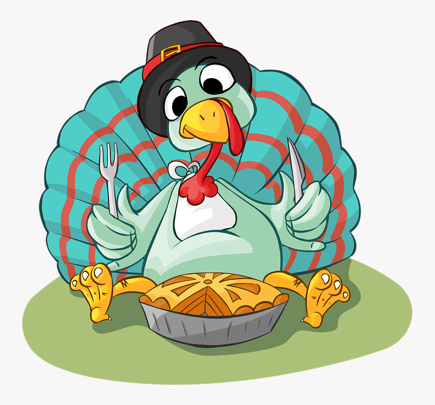 Pie, Turkey, Eating, Fork, Knife, Hat, Sitting, Dinner - Cartoon Turkey Eating Pie, HD Png Download, Free Download