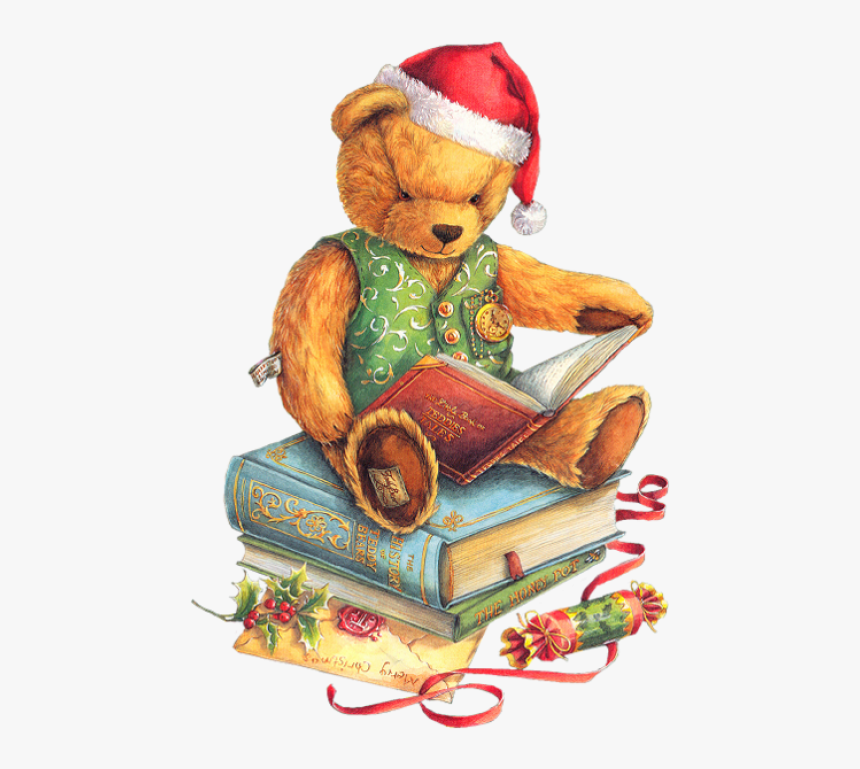 Christmas Teddy Bear With Santa Hat And Books Png - Christmas Book Clipart, Transparent Png, Free Download