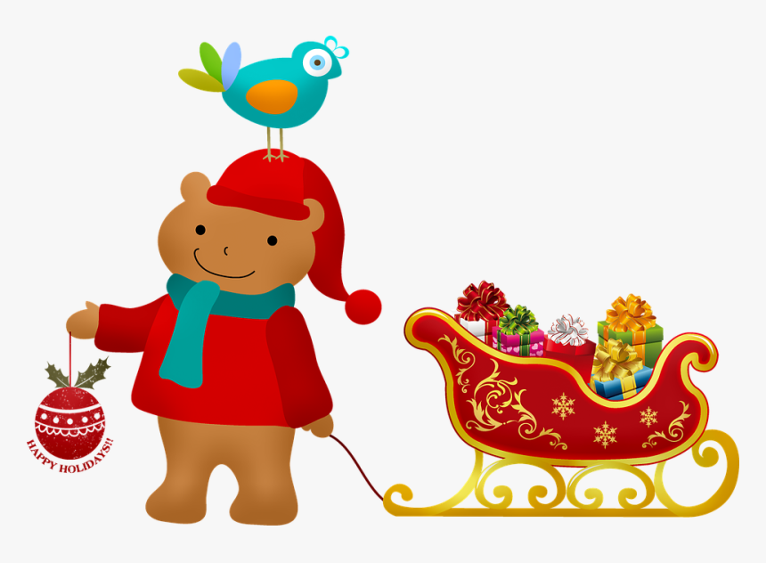 Christmas Bear With Sleigh, Bird On Head, Christmas - Clip Art Christmas Sleigh, HD Png Download, Free Download