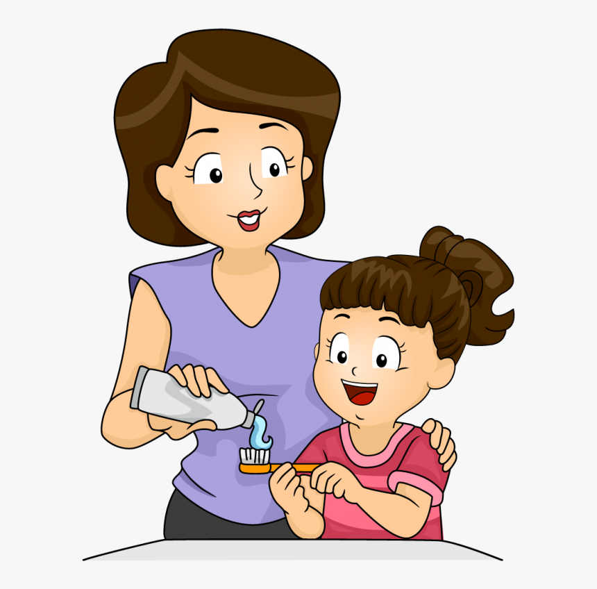 Download Mother And Kid Brushing Teeth Clipart Tooth - Brushing Baby Teeth Cartoon, HD Png Download, Free Download