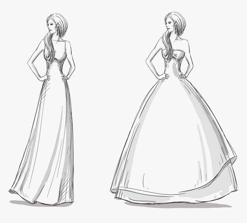 Gown Different Fashion Painted Elegant Dress Drawing - Drawing Of Woman In Dress, HD Png Download, Free Download