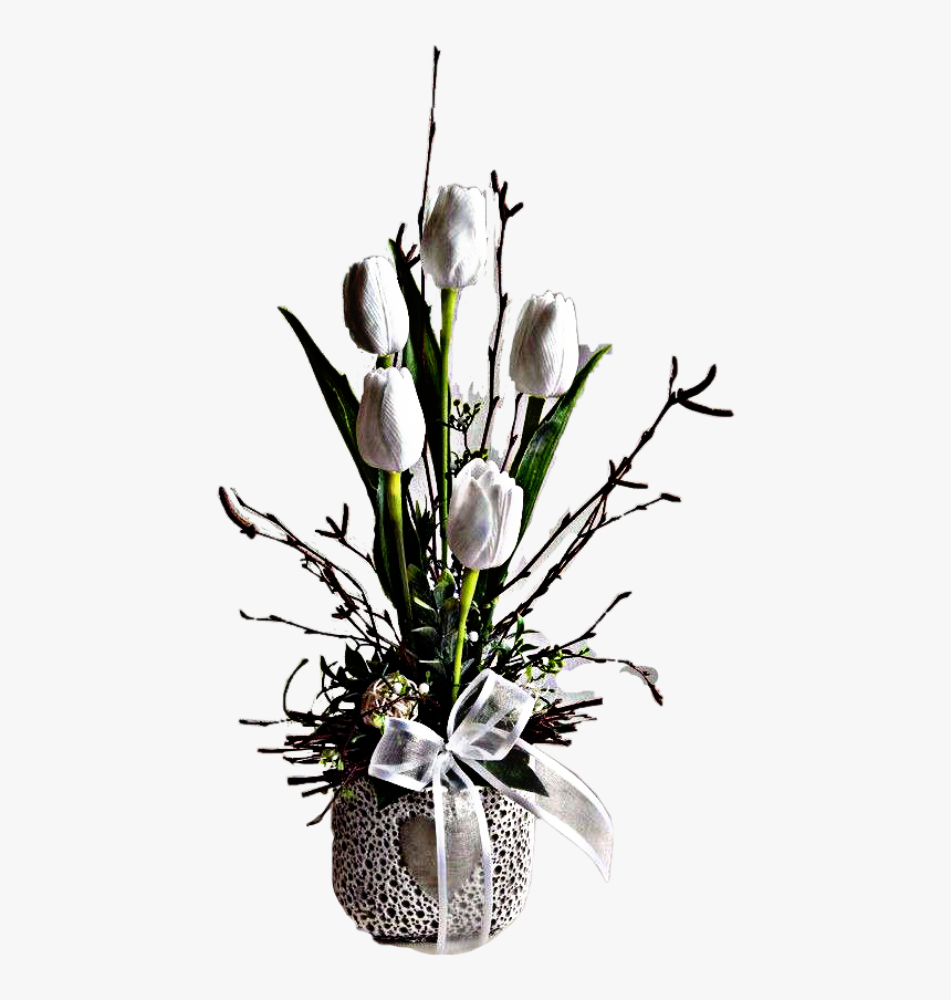 #white #green #tulips #bow #ribbon #flowers #vase #pretty - Bouquet, HD Png Download, Free Download