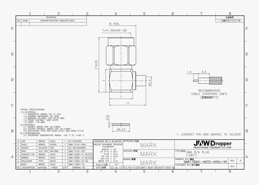 Plug Drawing Male Plug And Sma Right Angle Coaxial - 1 4 Sma Connector Dimension, HD Png Download, Free Download