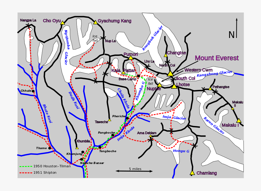 Routes Near Mount Everest, 1950 And - Map, HD Png Download, Free Download