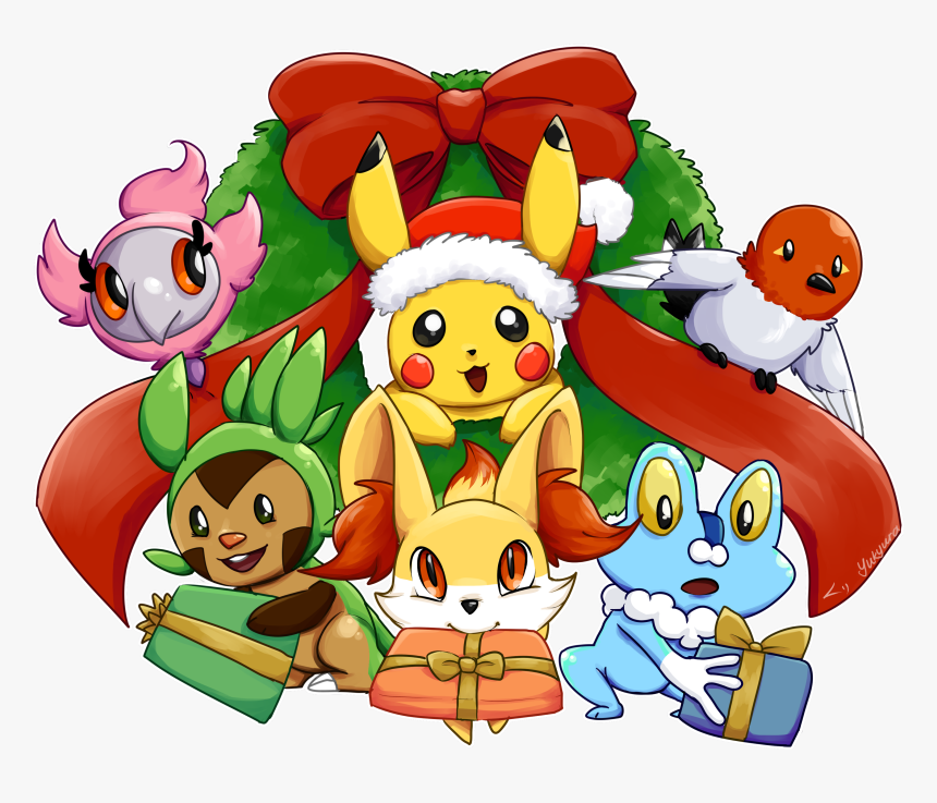 #pokemon #christmas #pikachu #chespin #fennekin #froakie - Pokemon Xmas Png, Transparent Png, Free Download