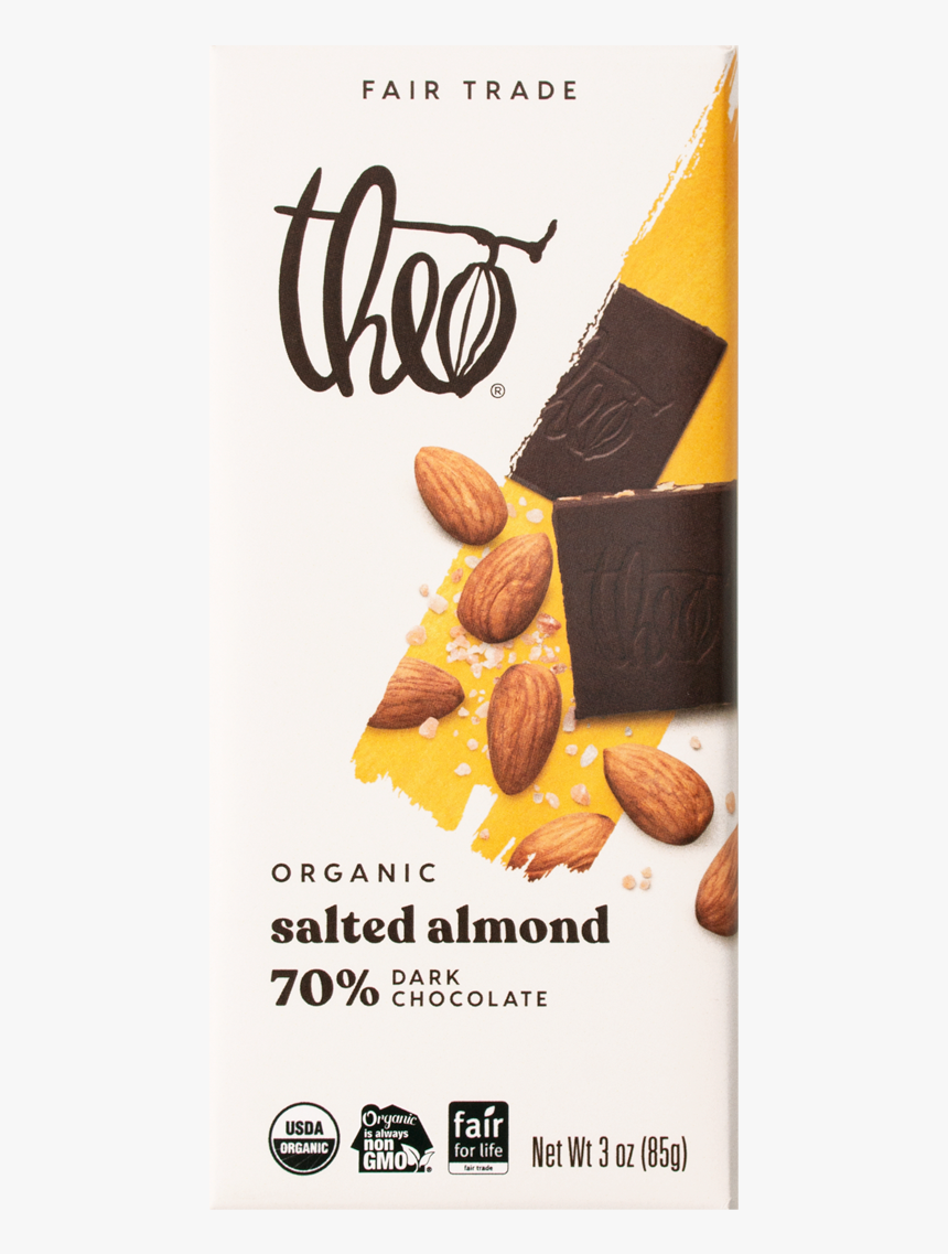 Theo Salted Almond 70% Dark Chocolate Bar, 3 Oz - Theo Chocolate New Packaging, HD Png Download, Free Download