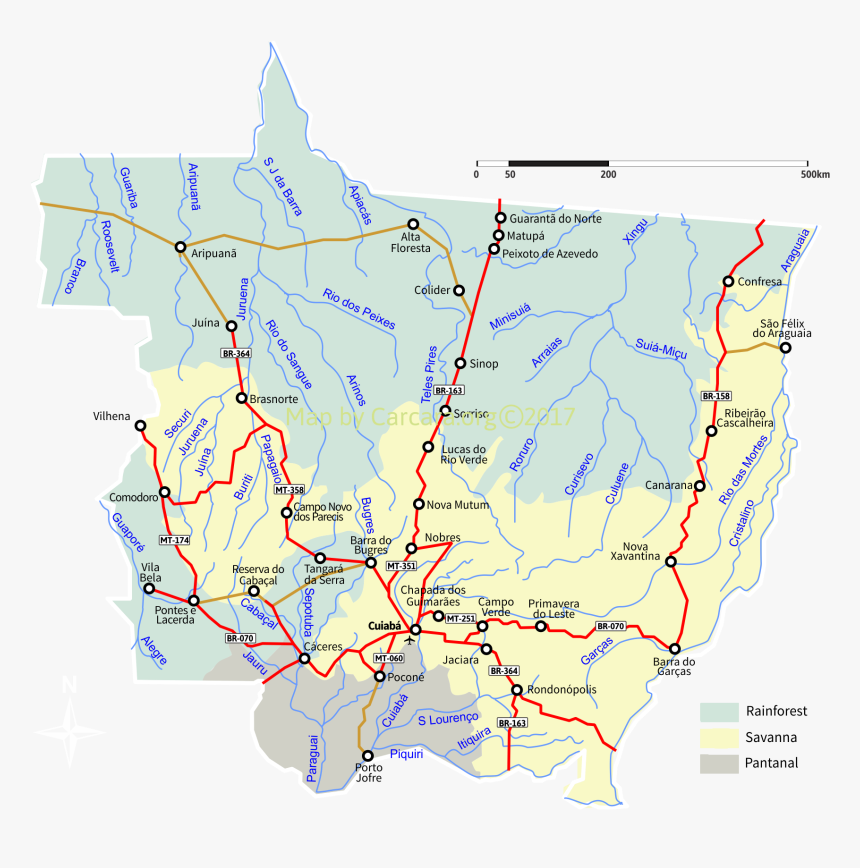 Mato Grosso"s Roads, Cities, Rivers - Mapa Biomas Mato Grosso, HD Png Download, Free Download