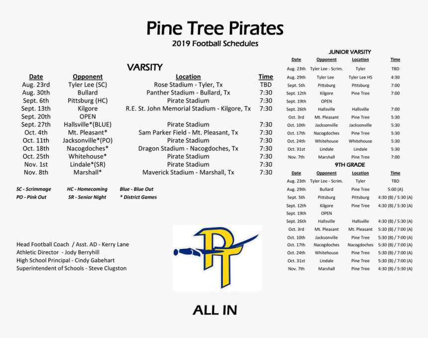Program Schedules - Pine Tree Football Schedule 2019, HD Png Download, Free Download