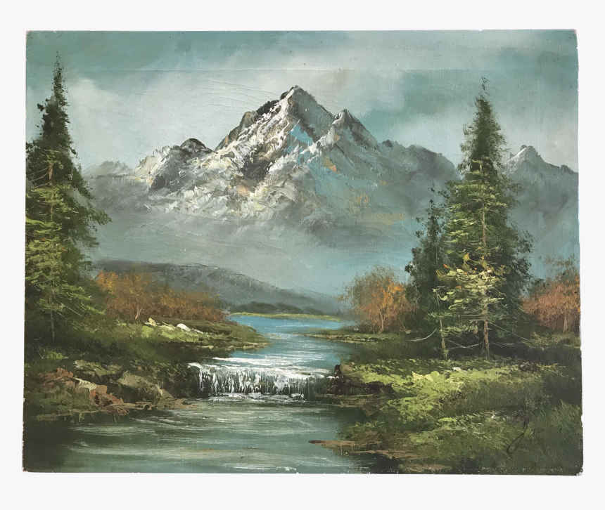 Vintage Oil Painting Of Mountain & Stream"
 Class= - Oil Pastel Mountain River Landscape, HD Png Download, Free Download